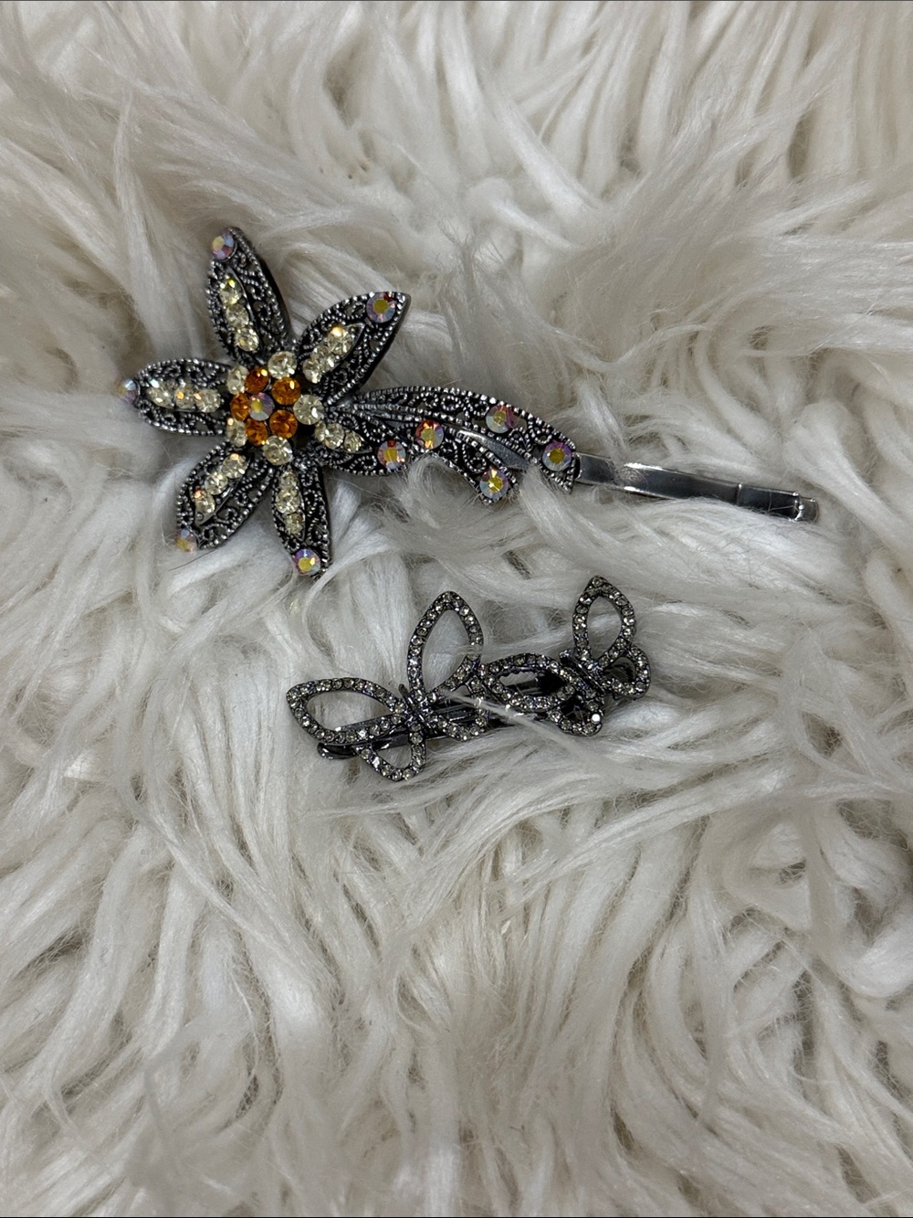 Rhinestone Floral Hair Pin Set - Silver with Amber and Clear Crystals